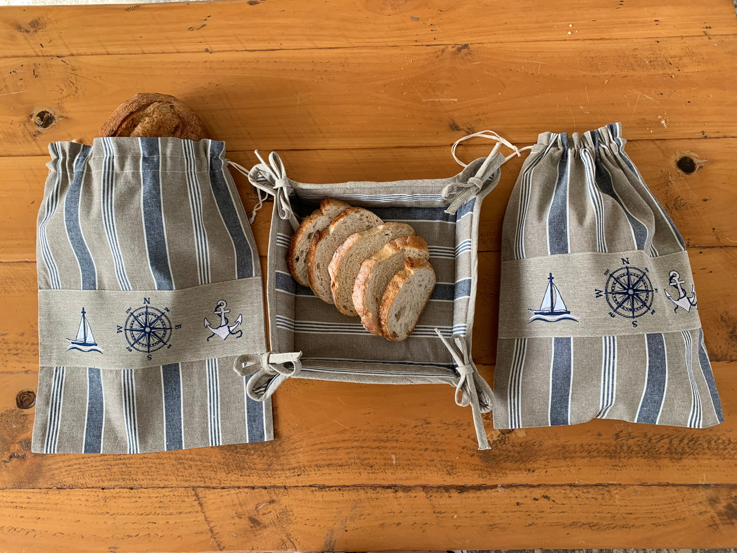 Nautical Embroidered Cotton Bread Bag and Bread Basket - Set of 3 - Lighthouse Embroidered