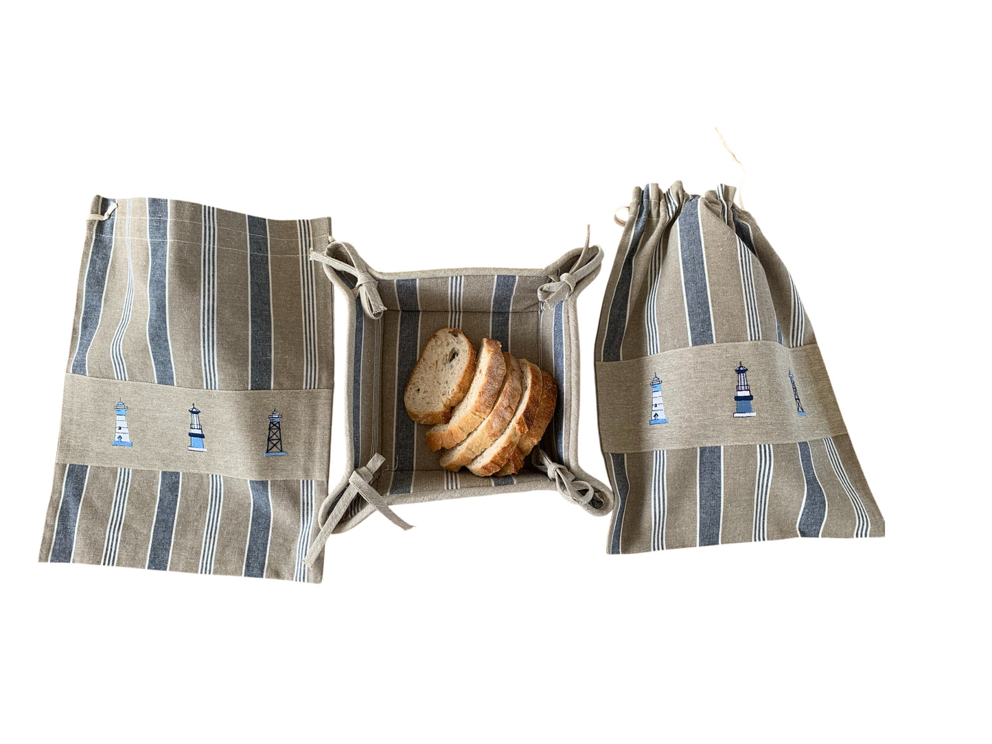 Nautical Embroidered Cotton Bread Bag and Bread Basket - Set of 3 - Sailing Embroidered