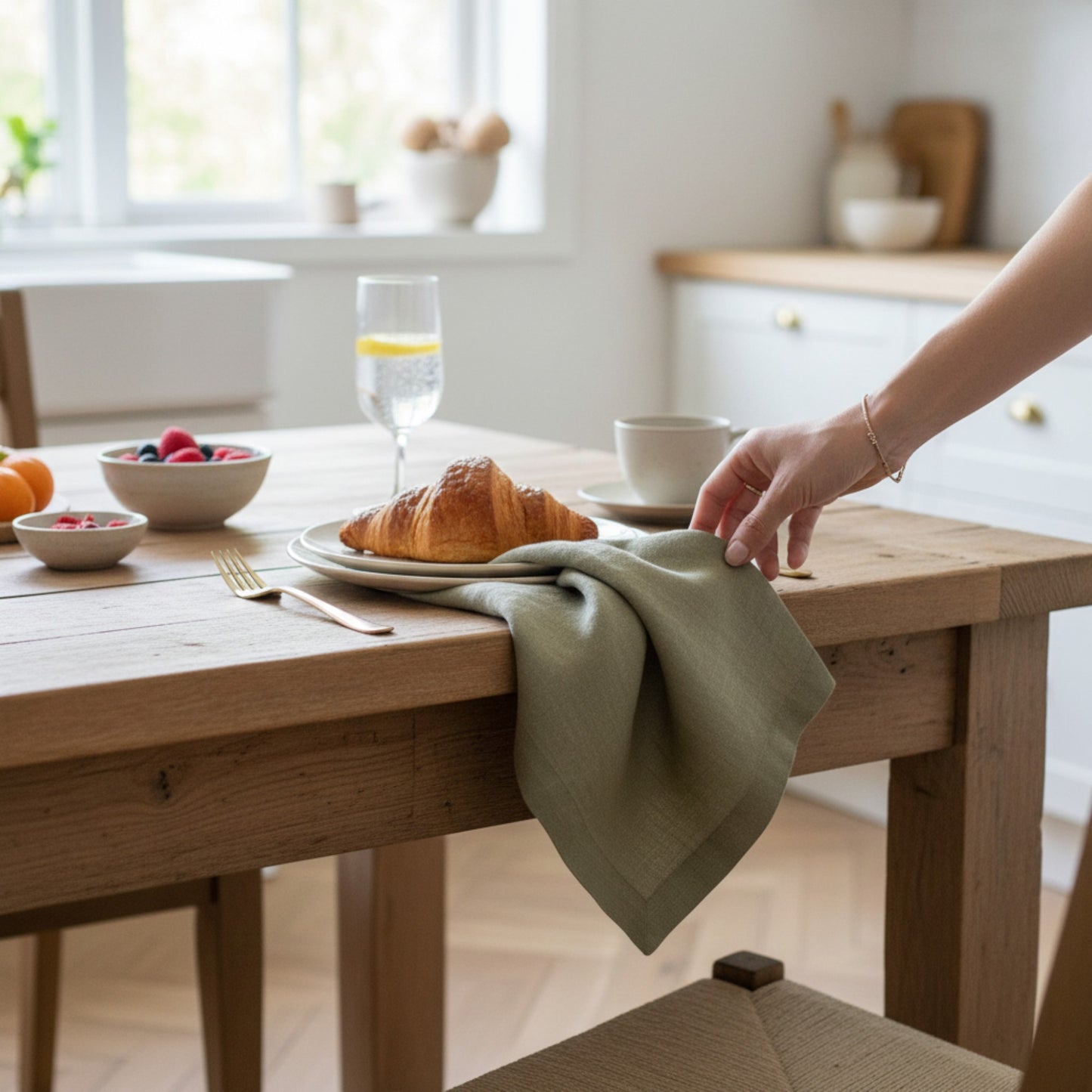 Olive Green Linen Napkins – 100% French Flax – Stonewashed Pure Linen Cloth Napkins – Mitered Corners – Set of 4