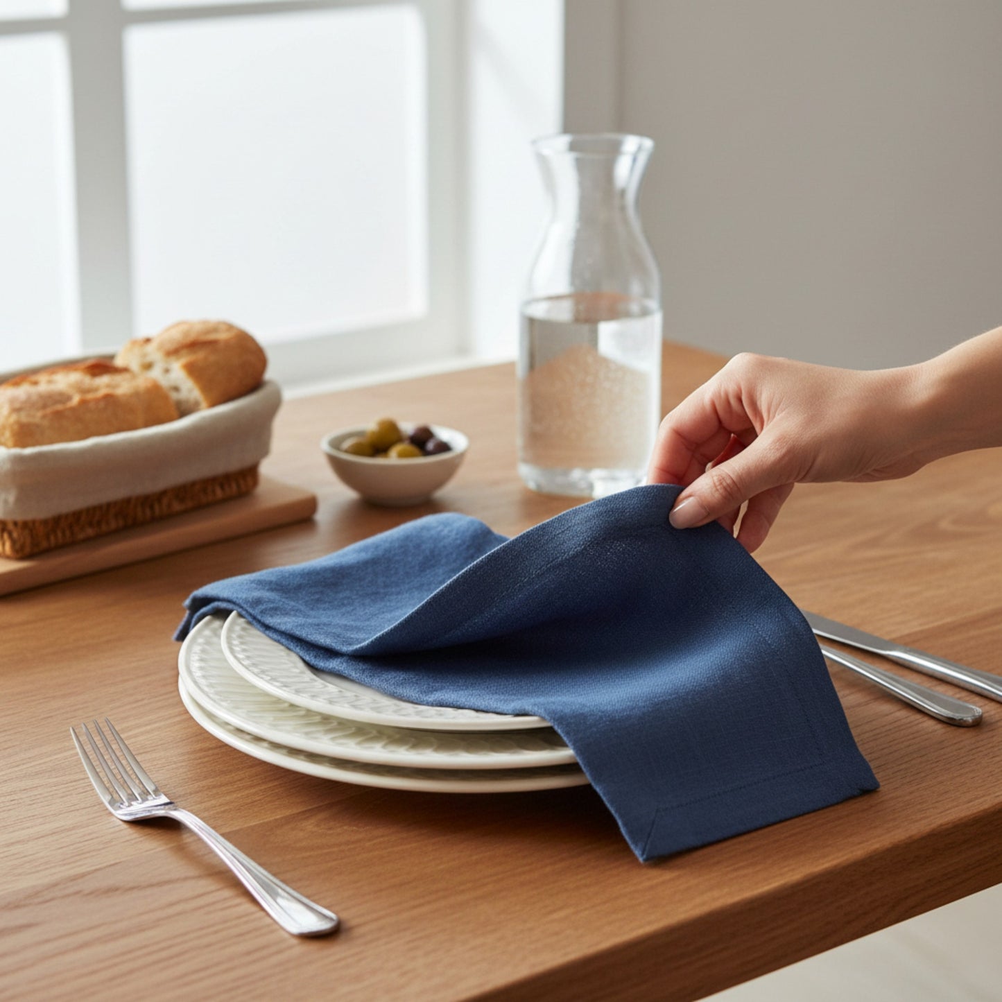 Rustic Navy Blue Linen Napkins – 100% French Flax – Stonewashed Pure Linen Cloth Napkins – Mitered Corners – Set of 4