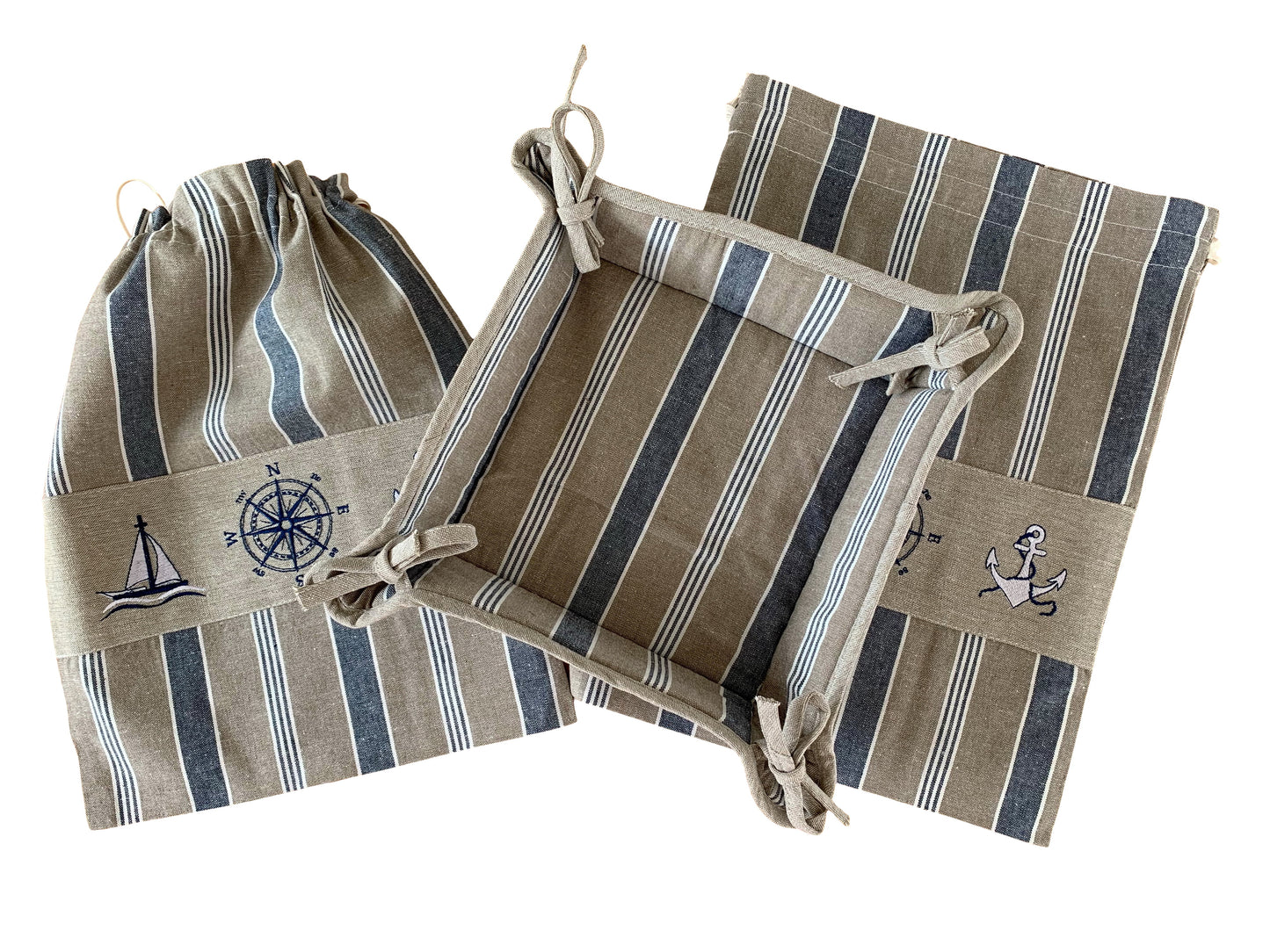 Nautical Embroidered Cotton Bread Bag and Bread Basket - Set of 3 - Lighthouse Embroidered