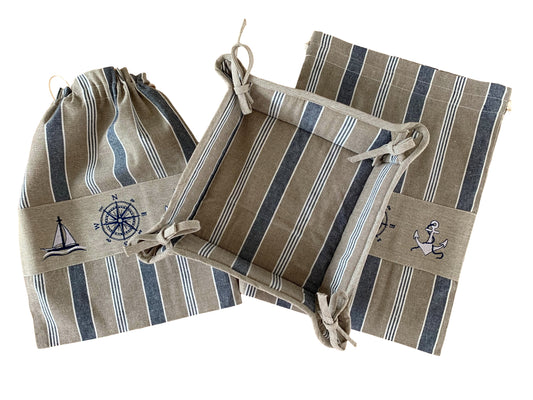 Nautical Embroidered Cotton Bread Bag and Bread Basket - Set of 3 - Lighthouse Embroidered