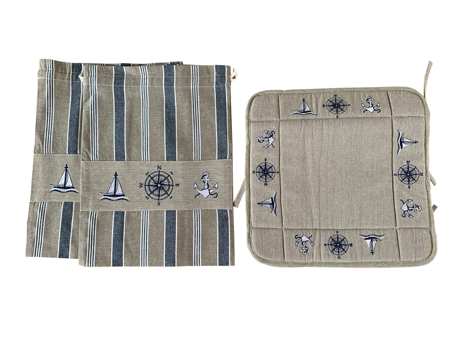 Nautical Embroidered Cotton Bread Bag and Bread Basket - Set of 3 - Lighthouse Embroidered