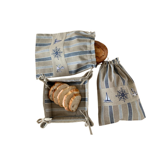 Nautical Embroidered Cotton Bread Bag and Bread Basket - Set of 3 - Sailing Embroidered