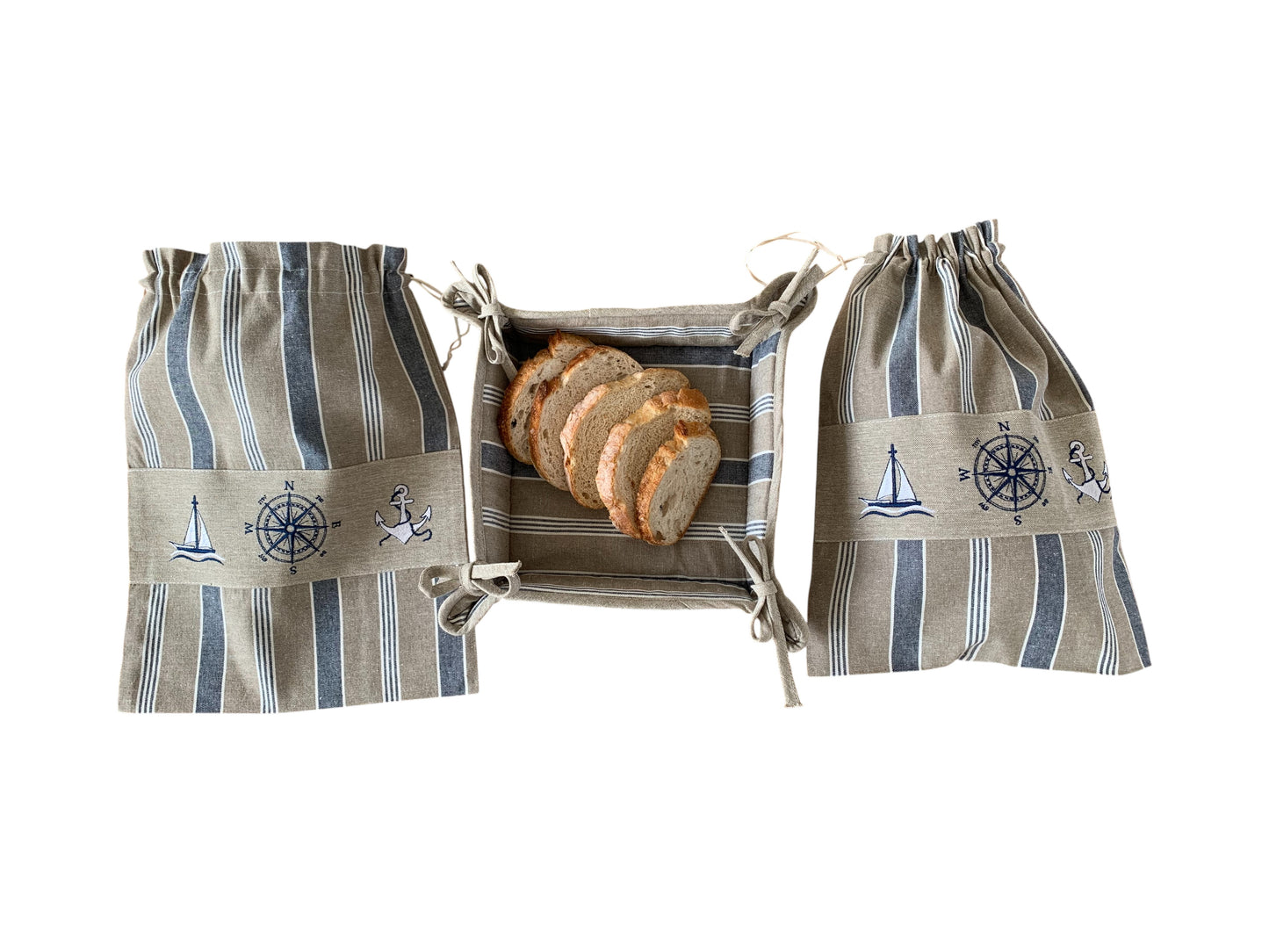 Nautical Embroidered Cotton Bread Bag and Bread Basket - Set of 3 - Sailing Embroidered
