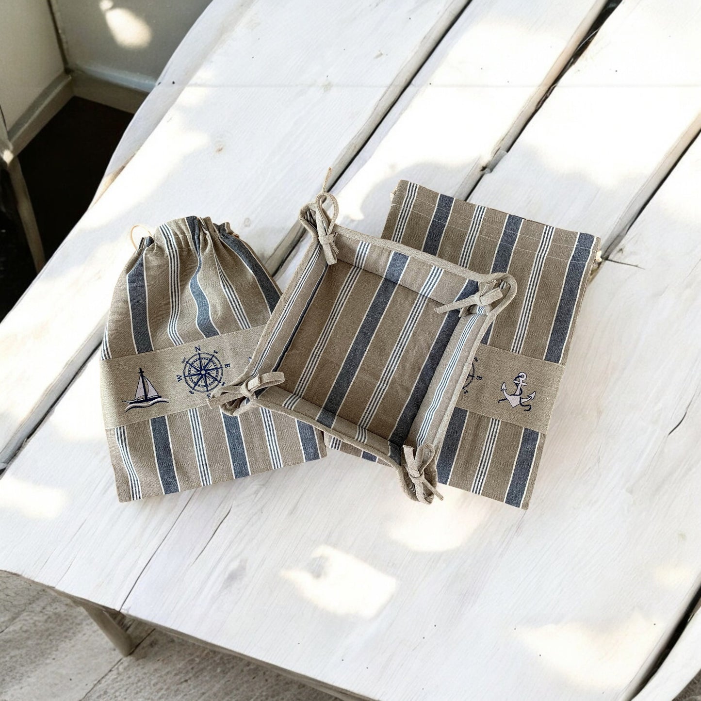 Nautical Embroidered Cotton Bread Bag and Bread Basket - Set of 3 - Sailing Embroidered