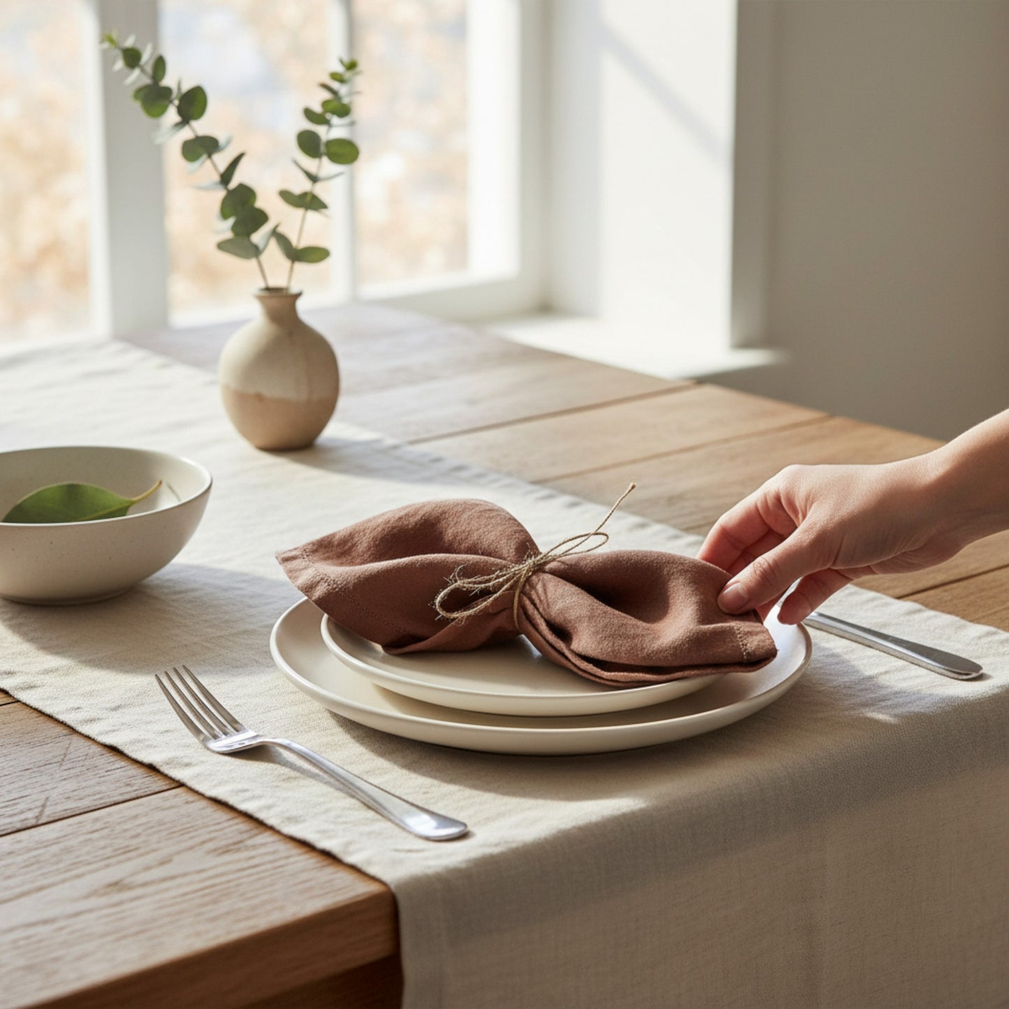 Hemstitched Linen Napkins – Hazelnut Brown – 50cm x 50cm – Stonewashed Pure Linen Cloth Dinner Napkins – 100% French Flax – Set of 4