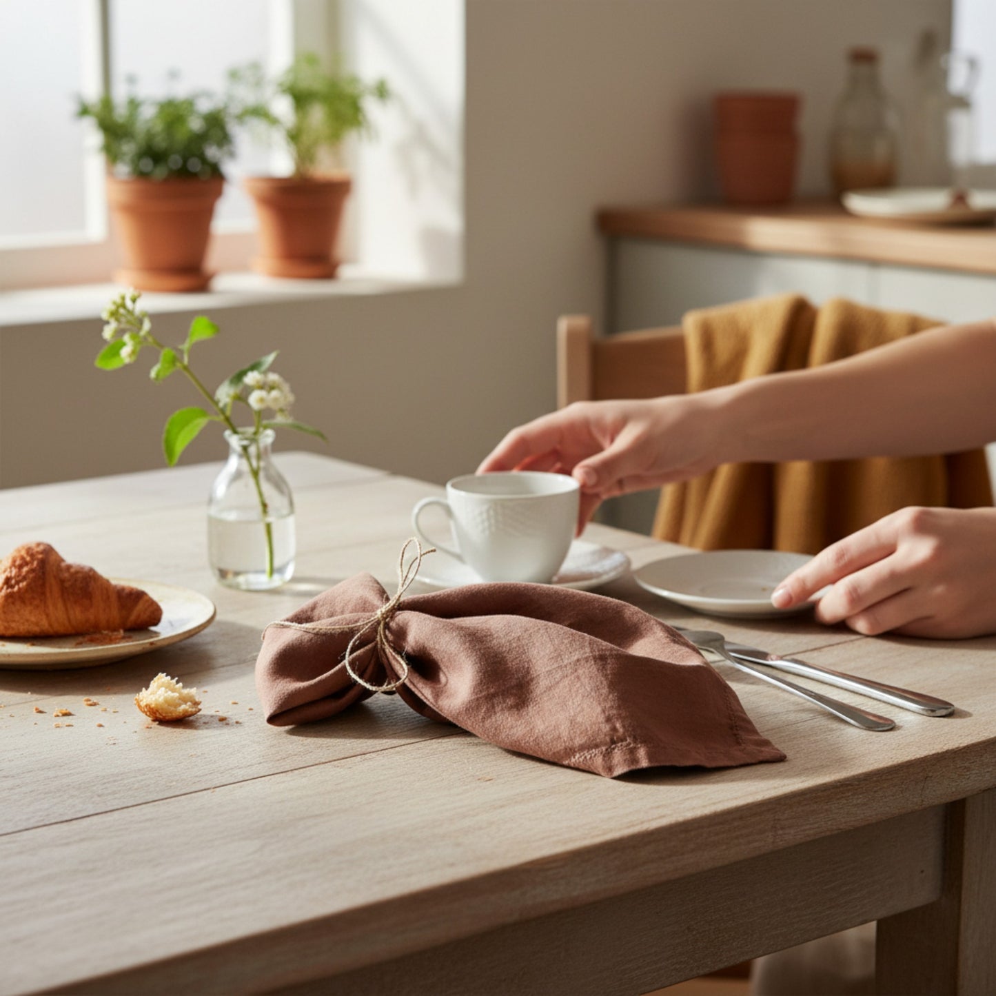 Hemstitched Linen Napkins – Hazelnut Brown – 50cm x 50cm – Stonewashed Pure Linen Cloth Dinner Napkins – 100% French Flax – Set of 4