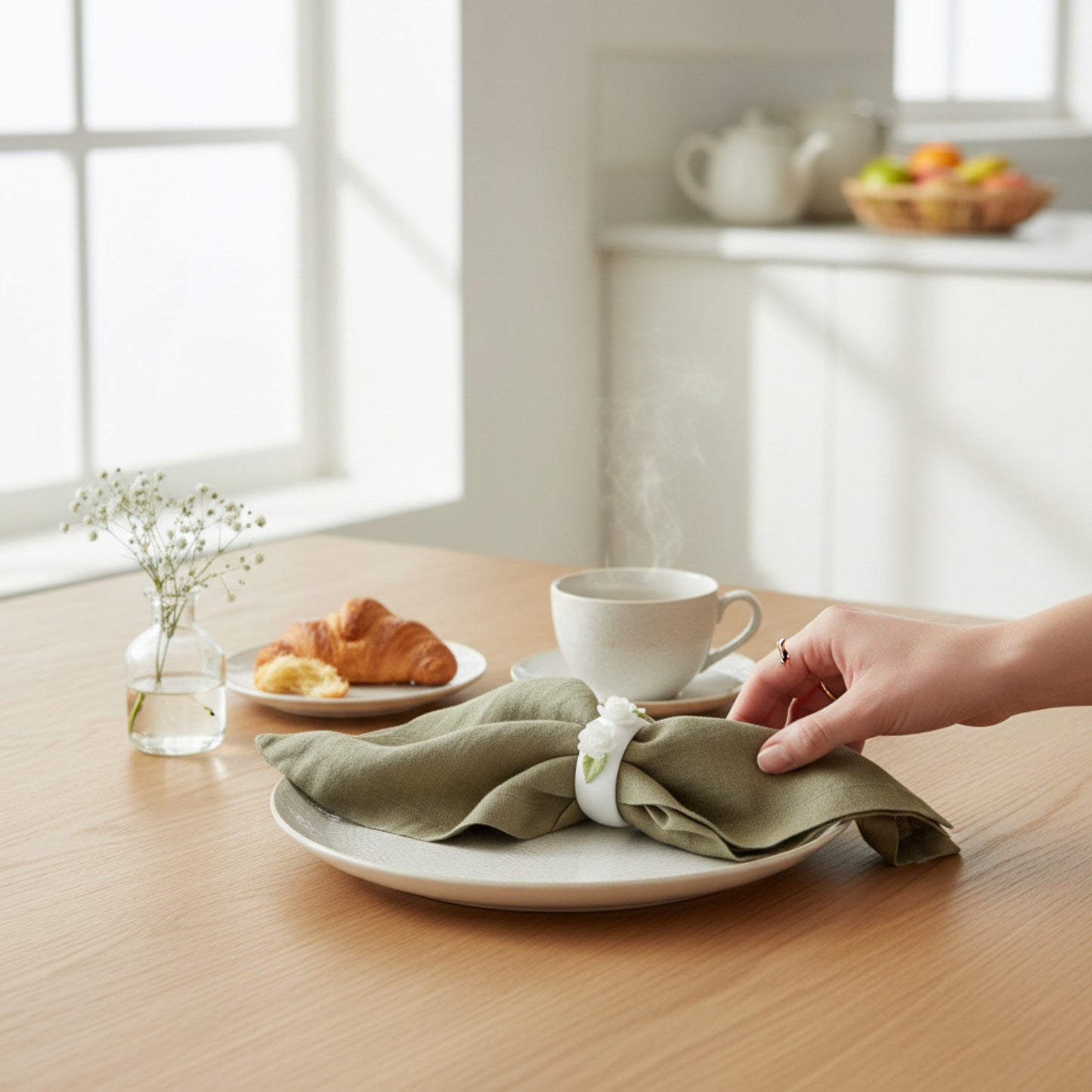 Olive Green Linen Napkins – 100% French Flax – Stonewashed Pure Linen Cloth Napkins – Mitered Corners – Set of 4